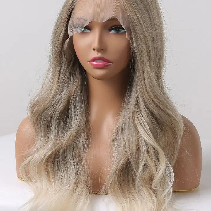 13*2" Lace Front Wigs Synthetic Long Wave 24" 150% Density in Medium Blonde Highlights